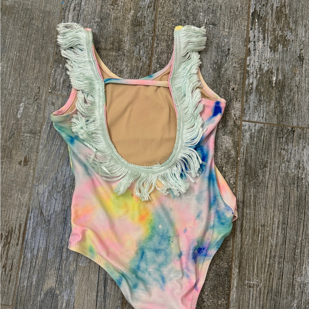 Shade Critters tie dye print swimsuit with fringe detailing.